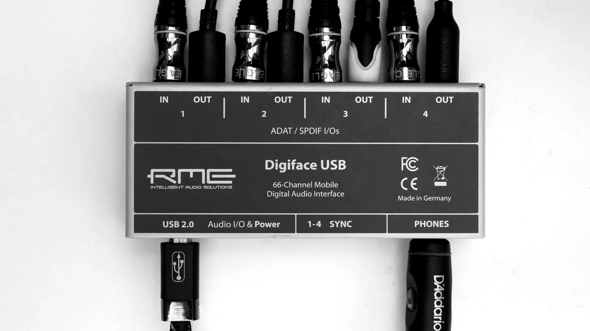 Optical audio cables connected to an RME audio interface.