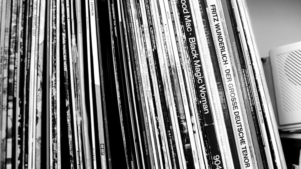 A row of vinyl record sleeves on a shelf.